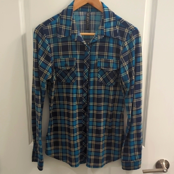 "RNB", Flannel Button Front Shirt Women's ( M ) Teal Blue/Black Plaid 2 Pockets - Picture 1 of 9